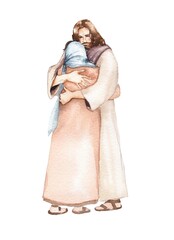 Watercolor illustration.  Jesus Christ and womanon a white isolated background.  For postcards, churches, Easter