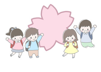 かわいい小学生4人と大きな桜の花の春の入学進級手描き風イラスト