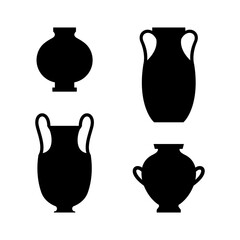 Greek Vases Black Silhouettes in A Simple Style. Vector Illustrations of various Clay Vessels for creating Patterns, Prints, Posters, Collages, Logos
