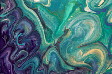 Abstract fluid art background purple and green colors. Liquid acrylic painting