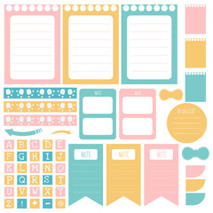 Cute paper notes in sweet color set. Printable planner stickers. Template for your message. Decorative planning element. Vector illustration.