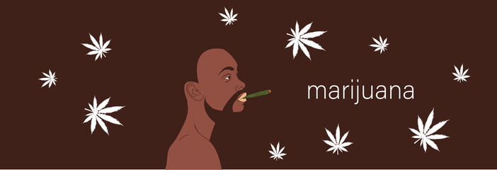 The African smokes cannabis. Man smokes on the background of hemp leaves. Vector image.