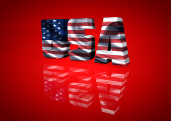 Fototapeta na wymiar 3D Render. Lettering and typography with the word USA with American flag pattern and red background.