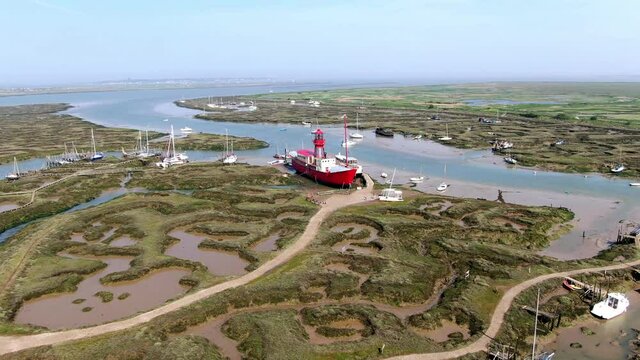 Lighthouse ship River Blackwater Estuary Tollesbury Essex UK Aerial Footage 4K