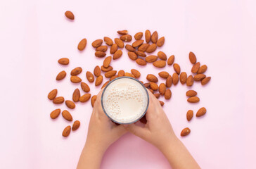 Alternative dairy almond milk with nuts. Selective Focus