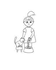Illustration of a girl with a pet, isolated on a white background. The girl feeds the cat. Live line. Hand-drawn by the liner.