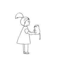 Illustration of a girl with a pet. A girl hugs her favorite cat. Live line. Hand-drawn by a liner.