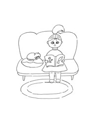 Illustration of a girl with a pet. A girl reads a book to her cat. Live line. Hand-drawn by the liner.
