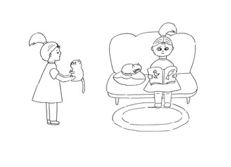 A set of illustrations on the theme of a happy owner with a pet. The girl hugs her favorite cat, reads him a book. Hand-drawn by the liner.