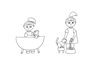 A set of illustrations on the theme of a happy owner with a pet. The girl feeds and bathes her beloved cat. Hand-drawn by a liner.