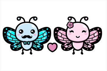 Vector design of cute and beautiful cartoon couple male and female butterfly animals