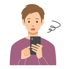 困った顔でスマホを見る若い男性