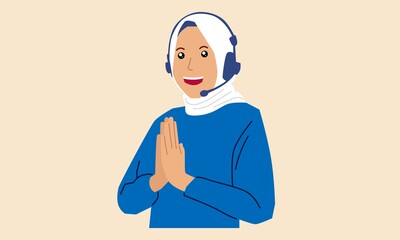 Beautiful woman working in a call center. Vector flat illustration