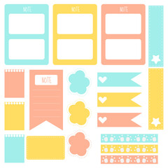 Cute paper notes in sweet color set. Printable planner stickers. Template for your message. Decorative planning element. Vector illustration.