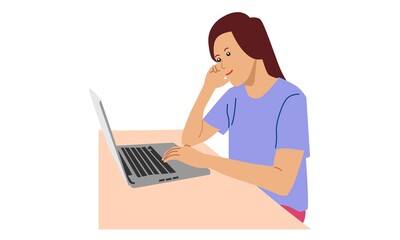 Fototapeta na wymiar Woman working with laptop. Vector flat illustration
