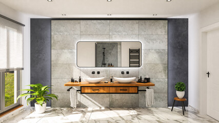 Modern bathroom with vanity basin on a wodden oak top vanity with black water faucet 3D-Illustration - 418240202