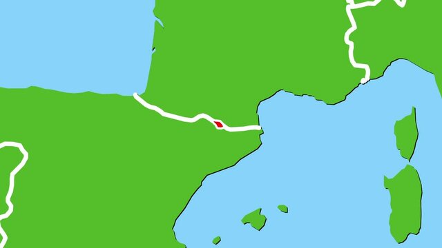 アンドラの位置がアップになって赤く表示されます。ヨーロッパ中心地図