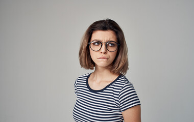Obraz premium woman in striped t-shirt emotion smile glasses model