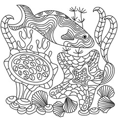 Coloring book for adults , Underwater. Marine vector motif . Doodles of the underwater world, sea, ocean, river .