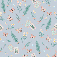 Spring seamless vector pattern with butterflies, fern and cards.