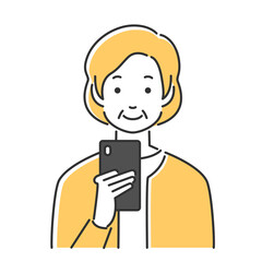 笑顔でスマホを見る高齢女性