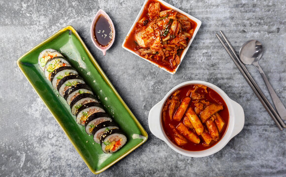 Top view Korean food on gray concrete table.