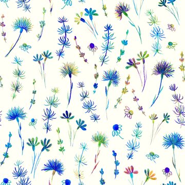 Flowers seamless pattern. Hand-drawn pencil drawing. Botanical illustration. Background for header, image for blog, decoration. Design of wallpaper, textiles, fabrics.