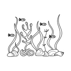 Underwater inhabitants and algae, coloring book. Fish and plants. Doodle of marine animals and plants isolated on a white background.