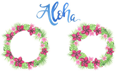 Watercolor Hawaiian Illustration. Handpainting watercolor frame. Hawaiian style.