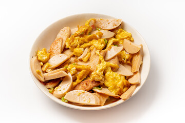 Sauteed ham sausage with egg, a typical northeast Chinese farmhouse dish