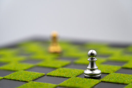 checkerboard background of green grass with pawn. Have copy space. one panw can make strong business. Small leader