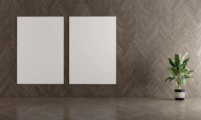 Modern cozy interior design of empty living room and wooden wall texture background and canvas frame