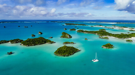 A spectacular  drone  image over Falaga Island in the lower Lau Group, Fiji showing a catamaran...
