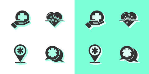 Set Dialogue with the doctor, Cross hospital medical, Map pointer cross and Heart rate icon. Vector.