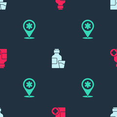 Set Bottle of medicine syrup, and Map pointer with cross hospital on seamless pattern. Vector.