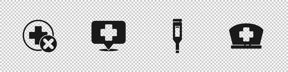 Obraz premium Set Cross hospital medical, Map pointer with cross, Medical digital thermometer and Nurse hat icon. Vector.