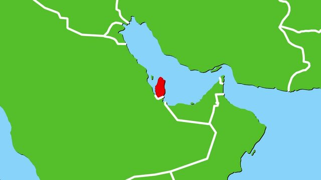 カタールの位置がアップになって赤く表示されます。ヨーロッパ中心地図