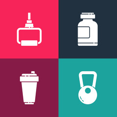 Set pop art Kettlebell, Fitness shaker, Sports nutrition and TPX loop training equipment icon. Vector.
