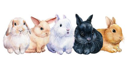 Poster with bunnies on an isolated white background, painted with watercolor, fluffy rabbit, picture in the nursery