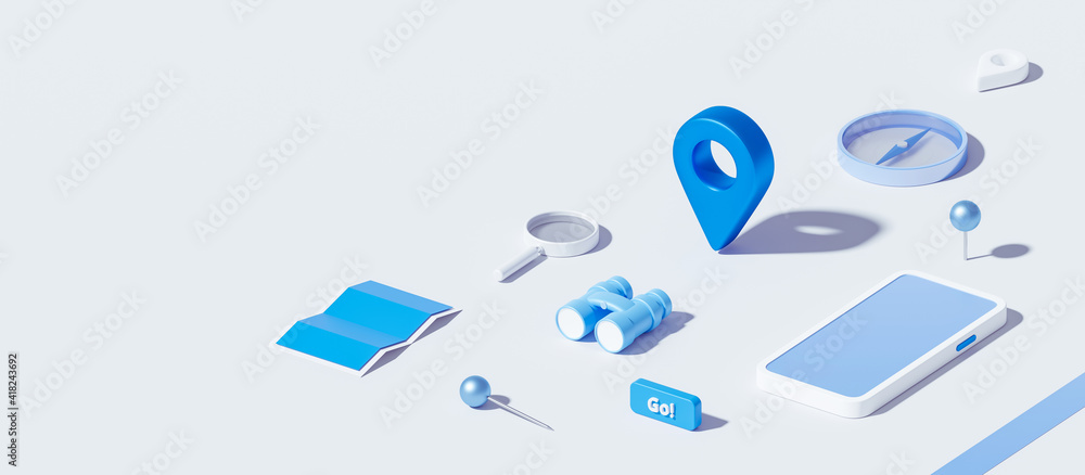 Poster isometric of map and location pin or navigation icon sign on white background with search concept. 3