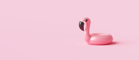 Minimal flamingo inflatable swimming pool ring and summer season on pink background with tropical holiday concept. 3D rendering. © Lemonsoup14