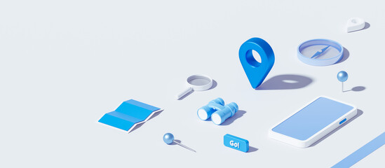 Isometric of map and location pin or navigation icon sign on white background with search concept. 3D rendering.