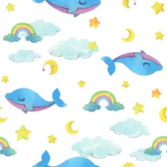 Poster Handpainting watercolor illustration. Cute whale with stars and rainbows. © Oceanoart