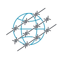 The planet behind the barbed wire. Global isolation. Stop traffic. Vector linear icon isolated on white background.