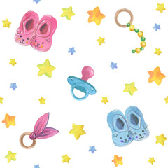 Handpainting watercolor illustration. Cute kids acessories seamless pattern.