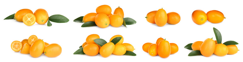 Set with fresh ripe kumquat fruits on white background. Banner design