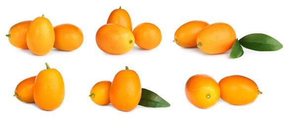 Set with fresh ripe kumquat fruits on white background. Banner design