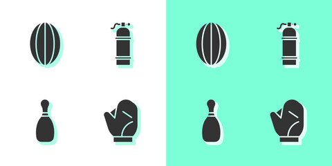 Set Baseball glove, Rugby, Bowling pin and Aqualung icon. Vector.