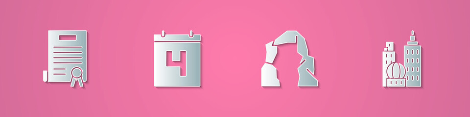 Set paper cut Declaration of independence, Calendar with date July 4, Grand canyon and City landscape icon. Paper art style. Vector.