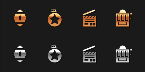 Set American Football ball, Canteen water bottle, Movie clapper and Slot machine icon. Vector.